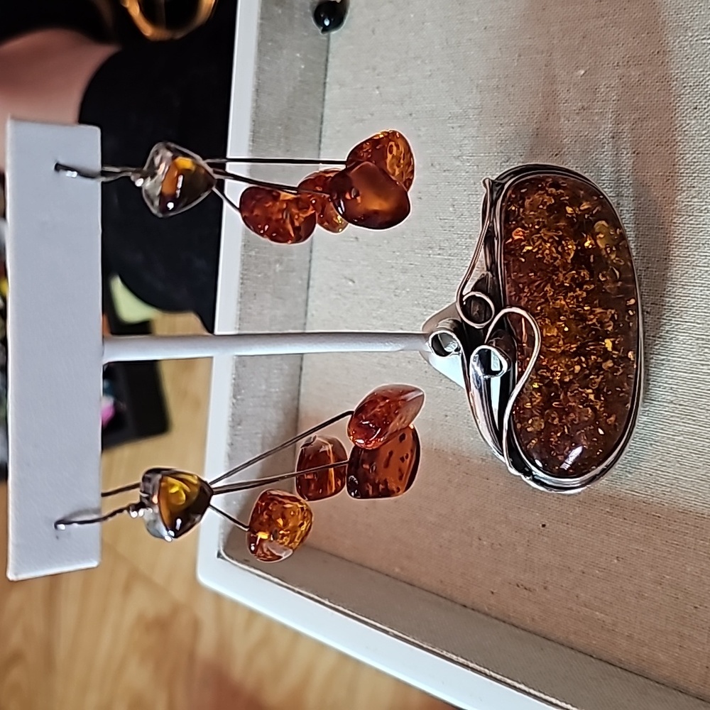 Sterling Silver Amber Brooch & Earrings Set